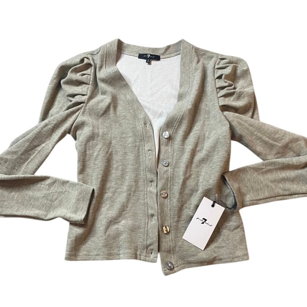 7 FOR ALL MANKIND‎ Puff Sleeve Button Up Cardigan Sweater Small Taupe Cream NWT